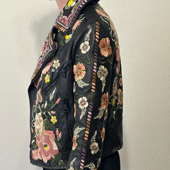 Alice + Olivia Cody Embroidered Leather Jacket size US XS Black Floral Moto - Picture 9 of 16